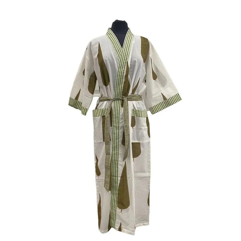 Cotton Block Printed Robe Green Cypress Tree Print - Picture 6 of 7